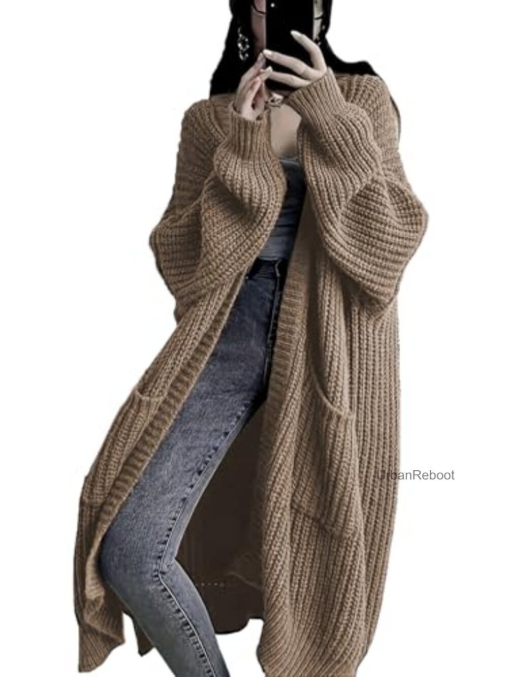 Long Open Front Chunky Cable Knit Cardigan with Pockets